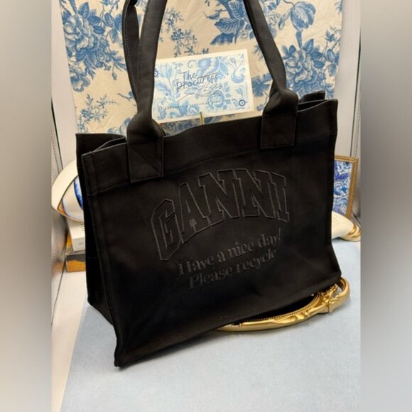 🆕 GANNI 🧿 NWOT Large Easy Shopper Tote Bag, Black Canvas & Black Embroidery - Picture 2 of 10